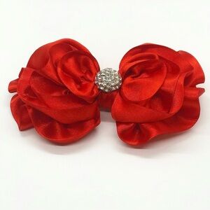Boutique Red Satin Hair Bow with Rhinestone Center. NEW